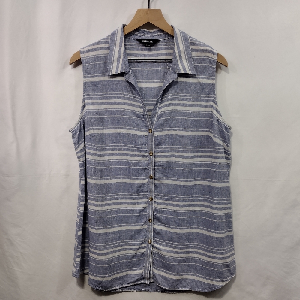 Ellen Tracy 100% Linen Stripped Button Top Women's XL Blue White Casual Beach